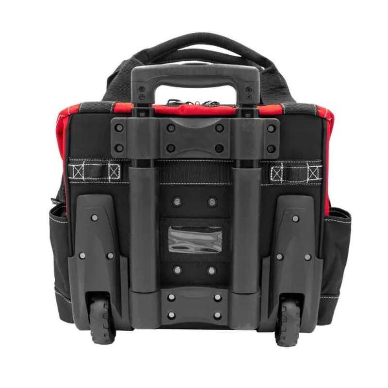 14 in. Zipper Top Rolling Water Resistant Tool Tote Bag, Telescoping Handle Red