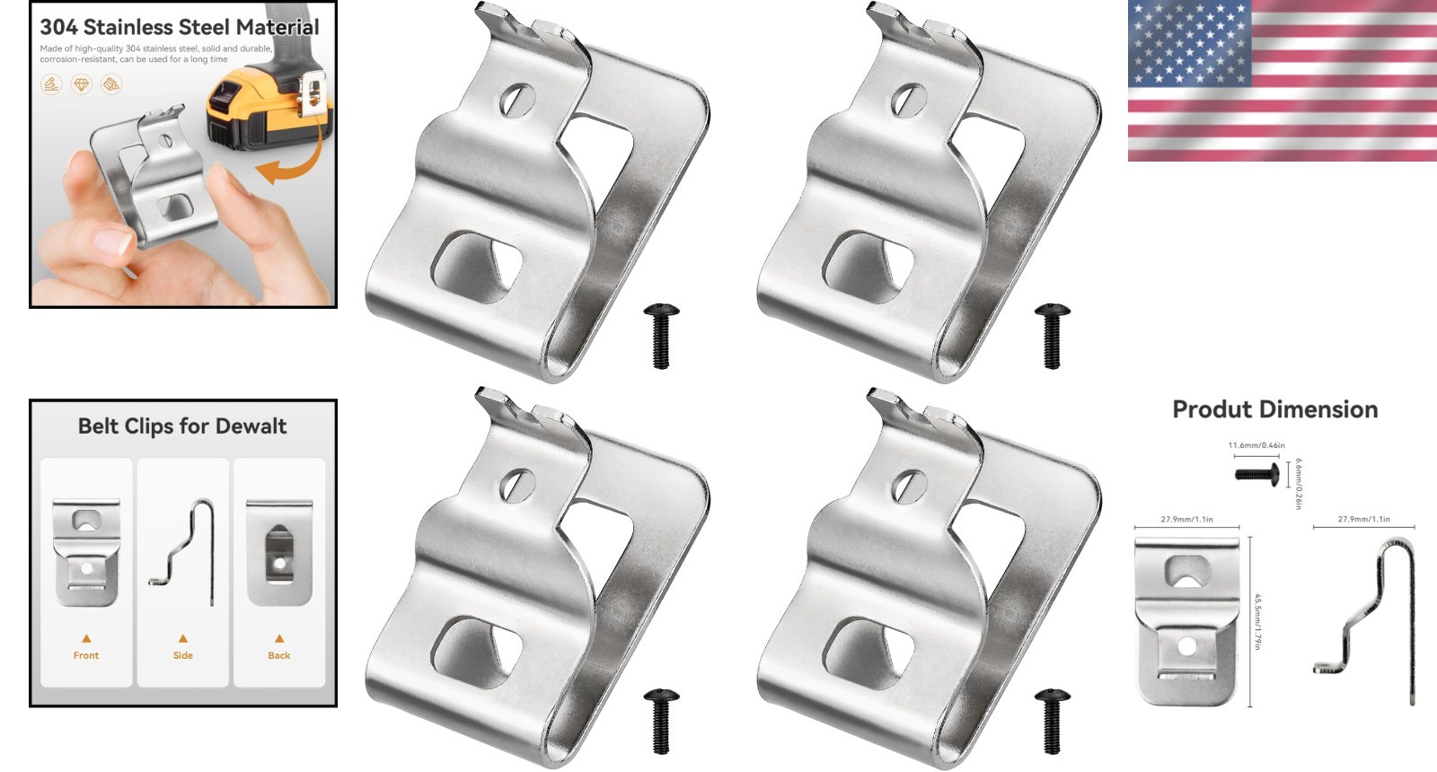 4-Pack Dewalt-Compatible 304 Stainless Steel Belt Clips for Tool Organization