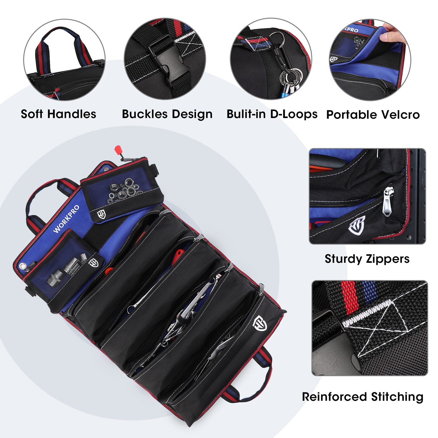 WORKPRO Heavy Duty Roll Up Tool Bag Tool Pouches Tool Bag Organizer W/ 6 Pockets