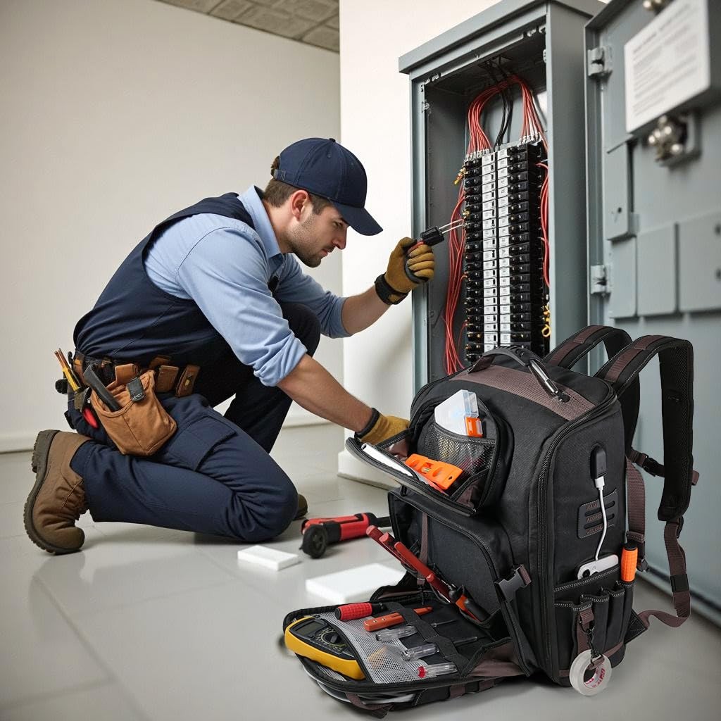 WELKINLAND 46-Pockets Electrician Backpack, Full-Open Tool Brown & Black