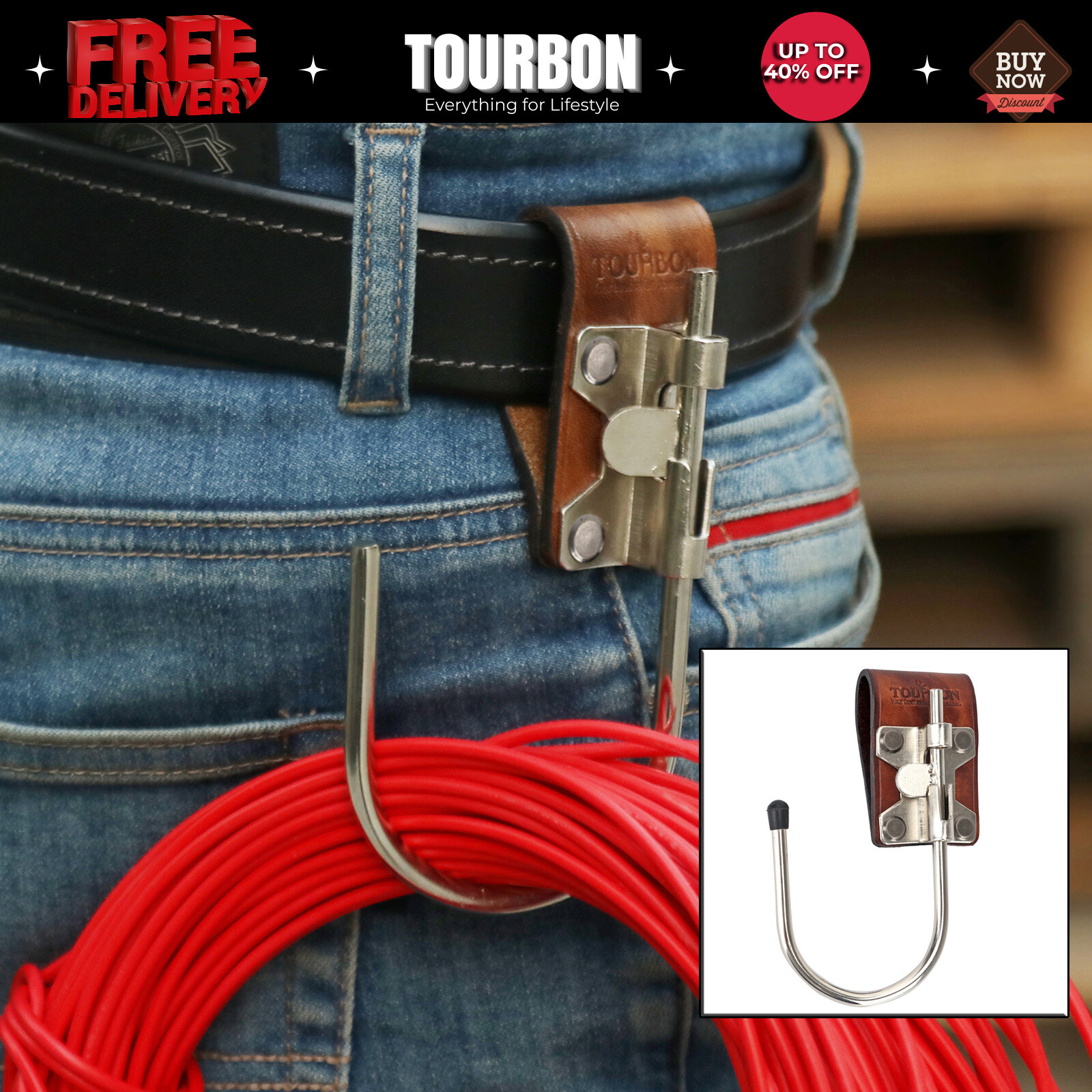 TOURBON Leather Steel Float & Tools Hook Belt Loop Drill Trowel Power Cord Carry