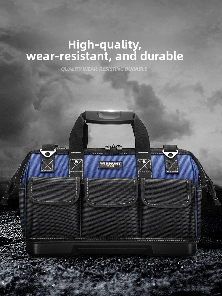 Heavy Duty Tool Bag Wide Mouth Electrician Storage Organizer w/ Hard Base