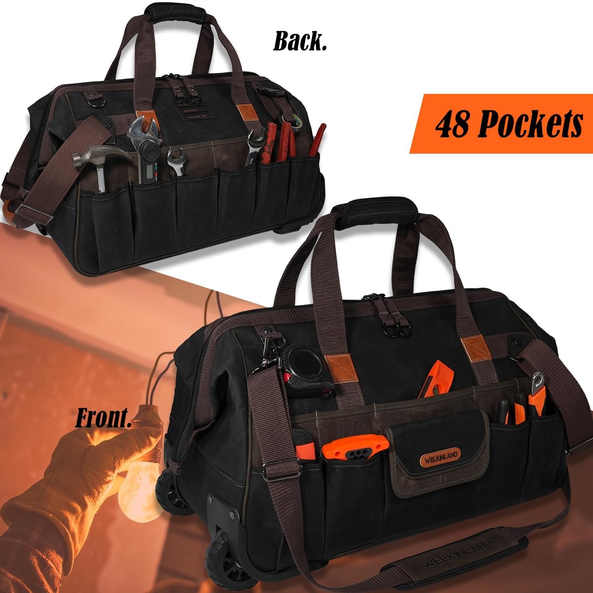 WELKINLAND 48Pockets Tool Bags With Wheels, 22Inch Large, Brown & Black