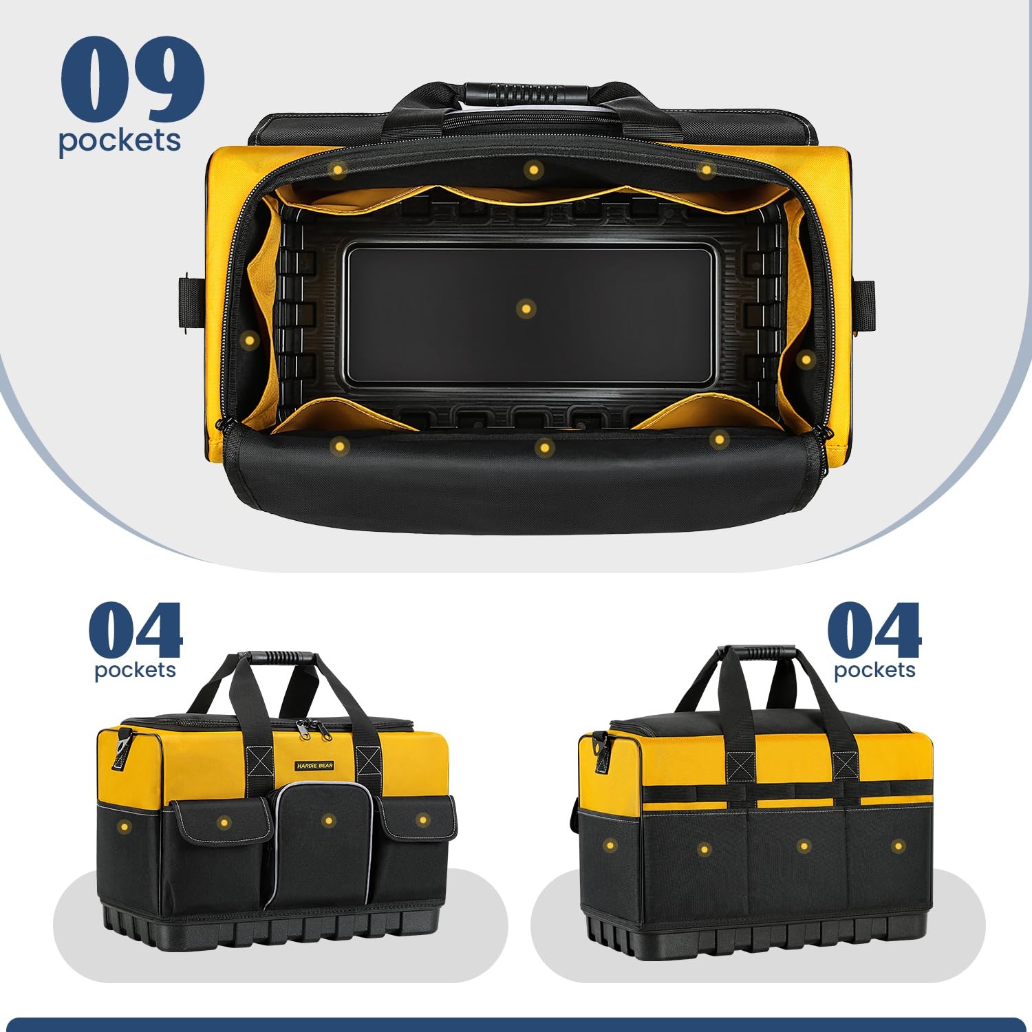 20 Inch Tool Bag Yellow Black Organizer 17 Pockets Wide Mouth Reinforced Base