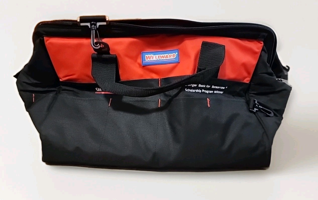 Westward 5MZJ9 Tool Bag, Black, Polyester, 22+ Pockets Milwaukee Gloves Included