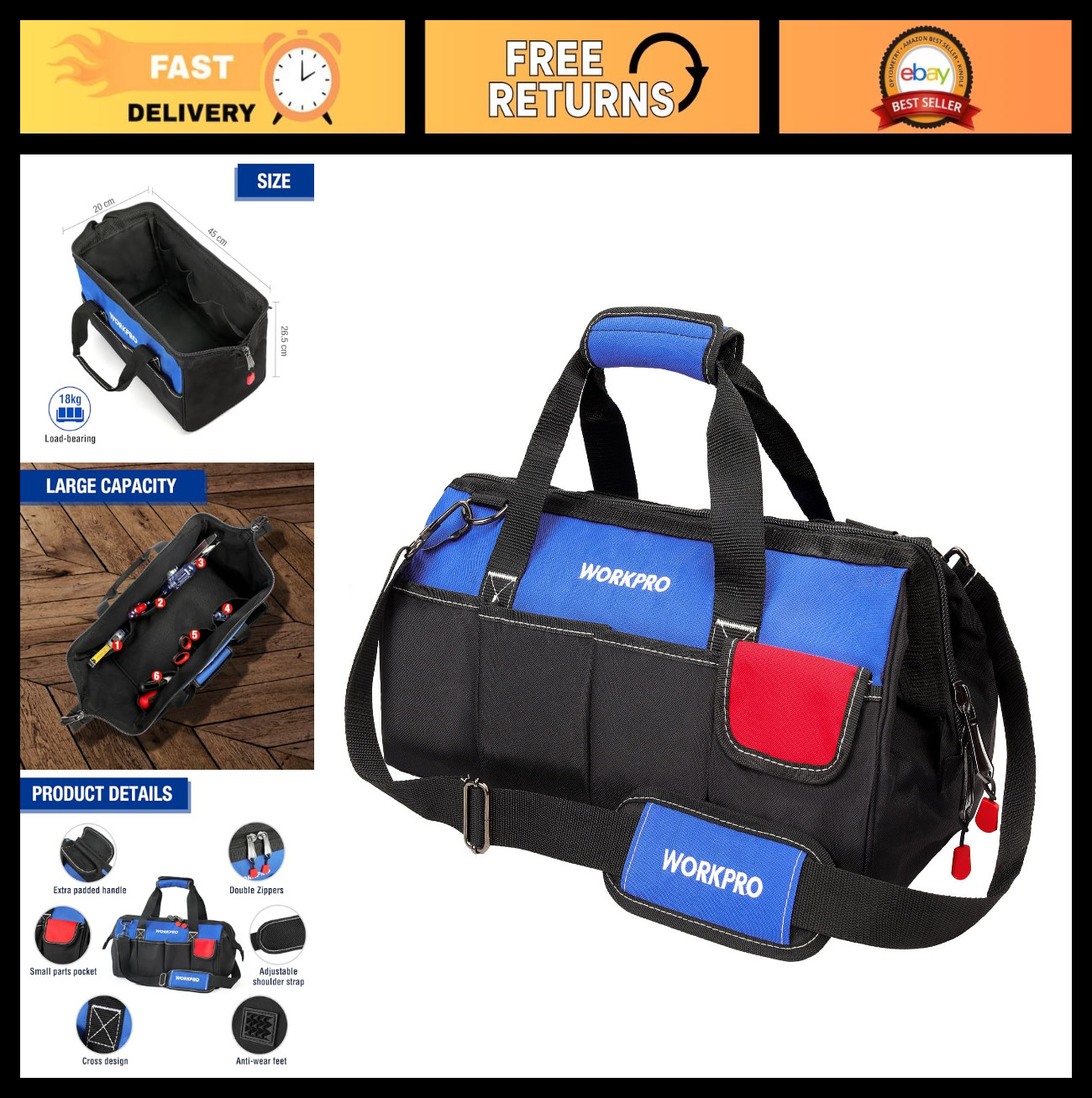 18″ Wide Mouth Tool Bag with Adjustable Shoulder Strap, Sturdy Bottom, Storage O