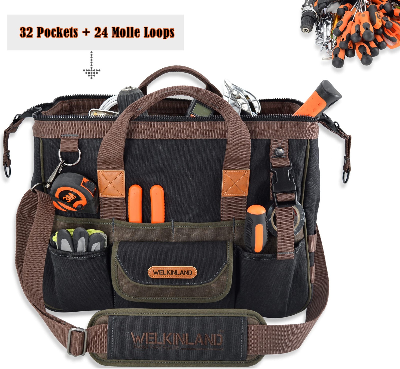 WELKINLAND 32-Pockets Waxed Canvas tool bag Heavy-Duty Electrician tools bag