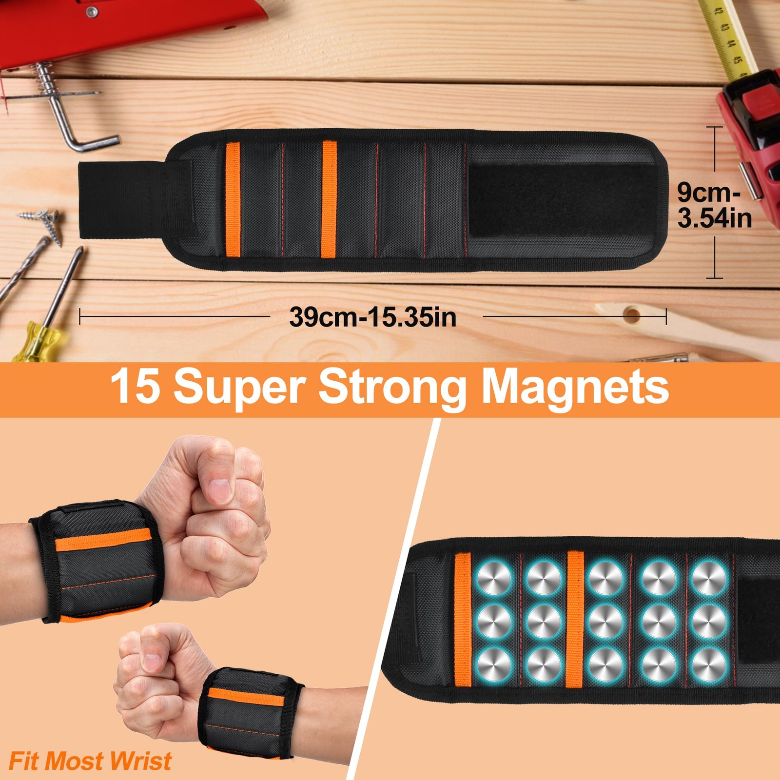 Magnetic Wristband Fathers Day Gifts for Men Dad – Tools Black with Orange