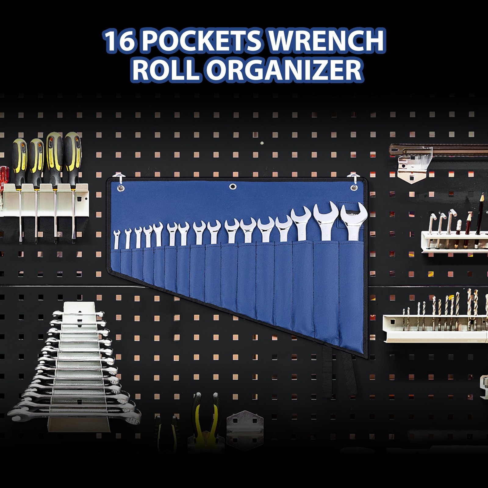 Wrench Roll Organizer 16 Pocket 600D Oxford Waterproof Hang Up Tool Bag Blue