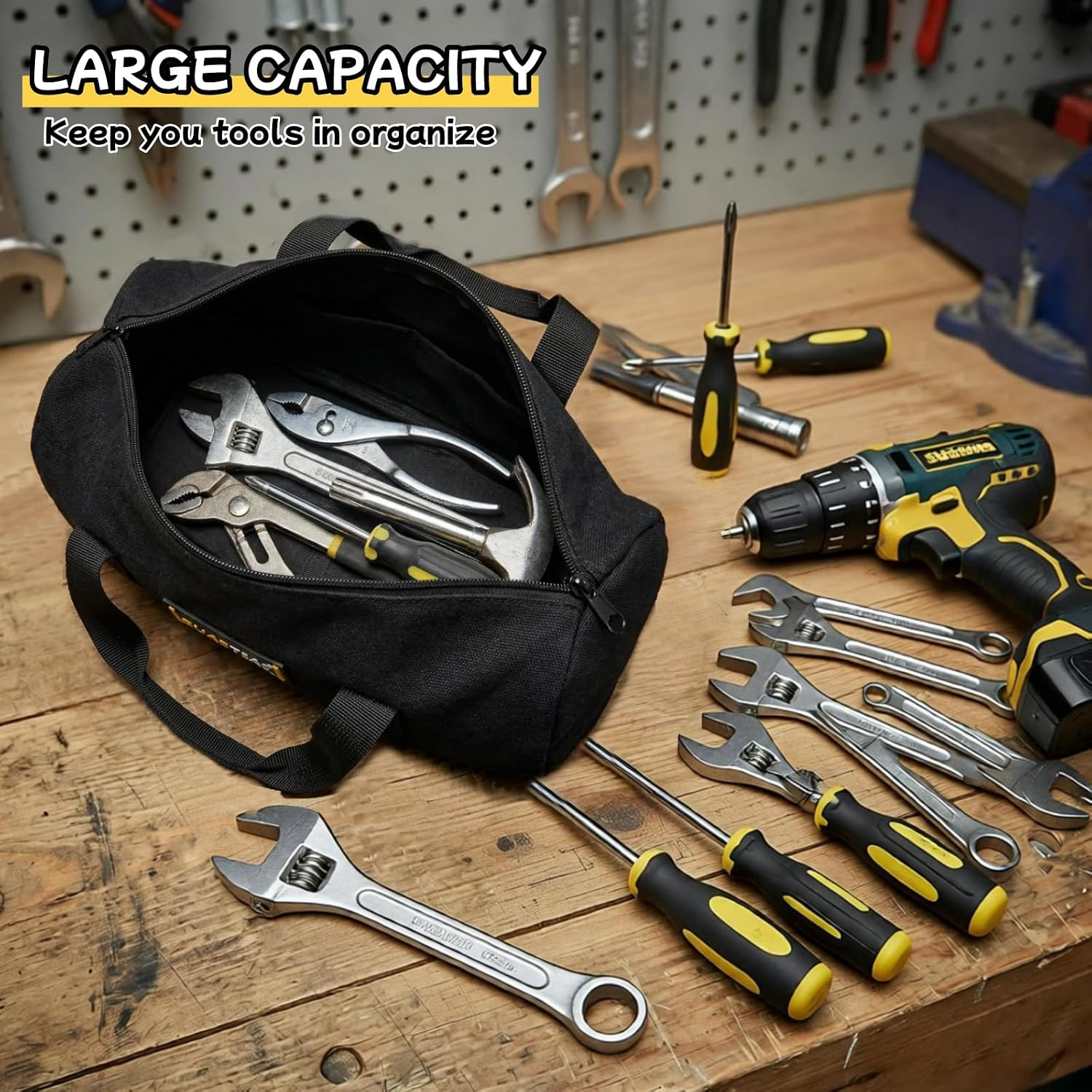 14 Inch Small Tool Bags for Men, Wide Mouth Zipper Tool Storage Bag, Large