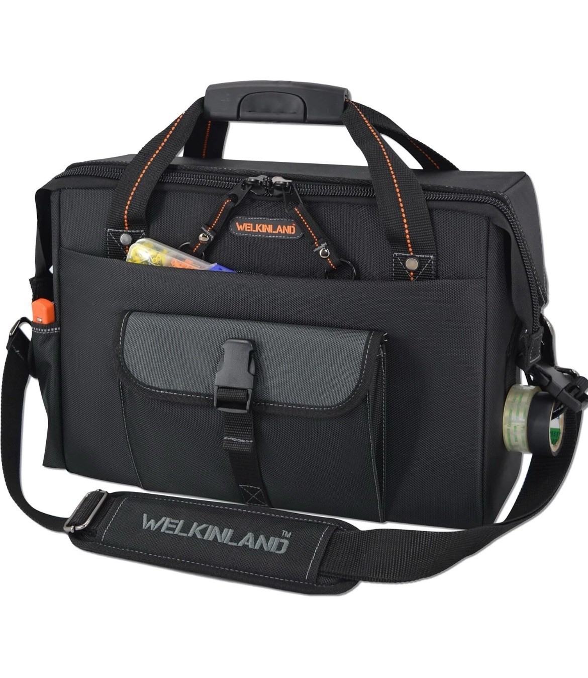 WELKINLAND 15-Pockets Electrician Tool Box Bag, Large – Open Black Orange
