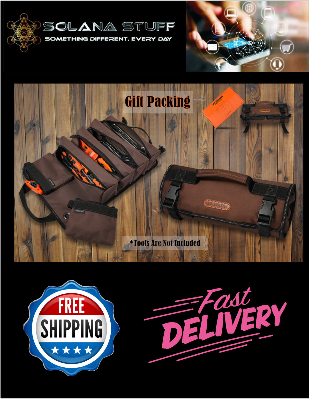 WELKINLAND 3In1-Pack Tool Roll, 6-Pocket Roll-Up Tool Organizer