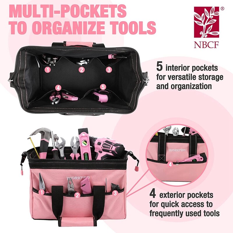 WORKPRO 13″ Tool Bag Pink Soft Cloth Tool Storage Bags Wide Mouth Tool Tote Bag