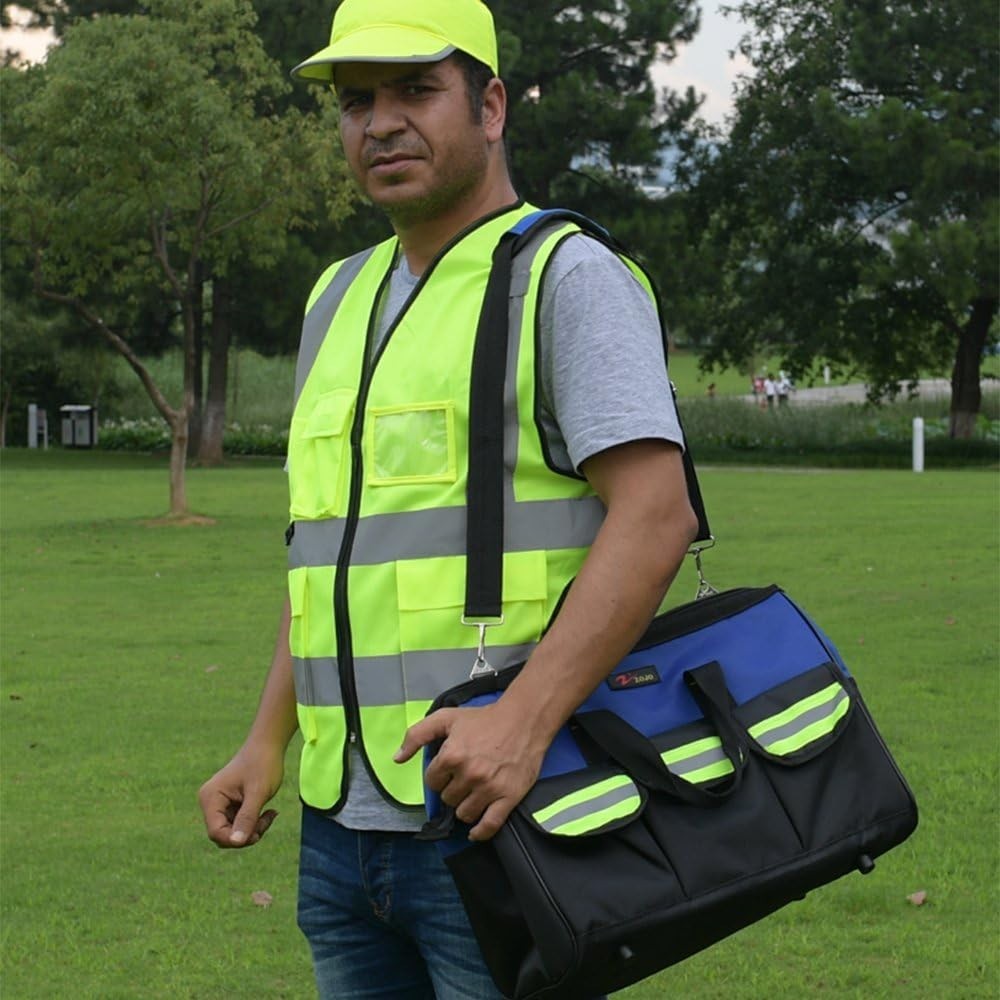 Blue Reflective Tool Bags For Men 16 inch Wide Mouth 18 tool pockets