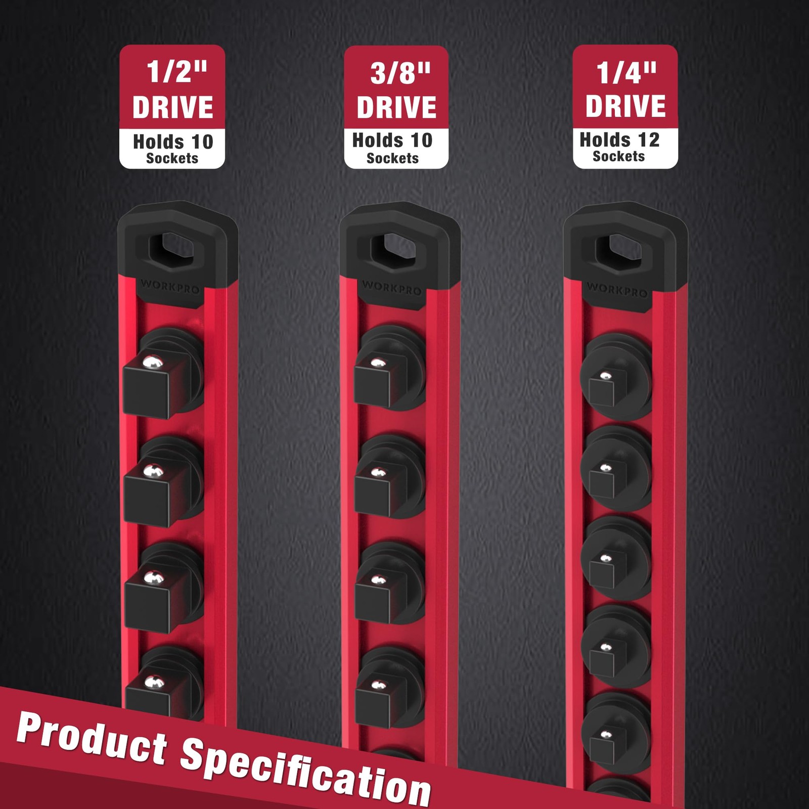 WORKPRO Magnetic Socket Organizer, 1/2-Inch Drive Aluminum Alloy 1/2″ DR, Red