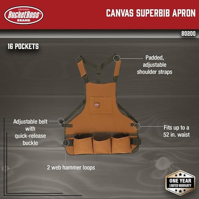 BUCKET BOSS 23 in. 16-Pocket Duckwear Super Bib Tool Work Apron