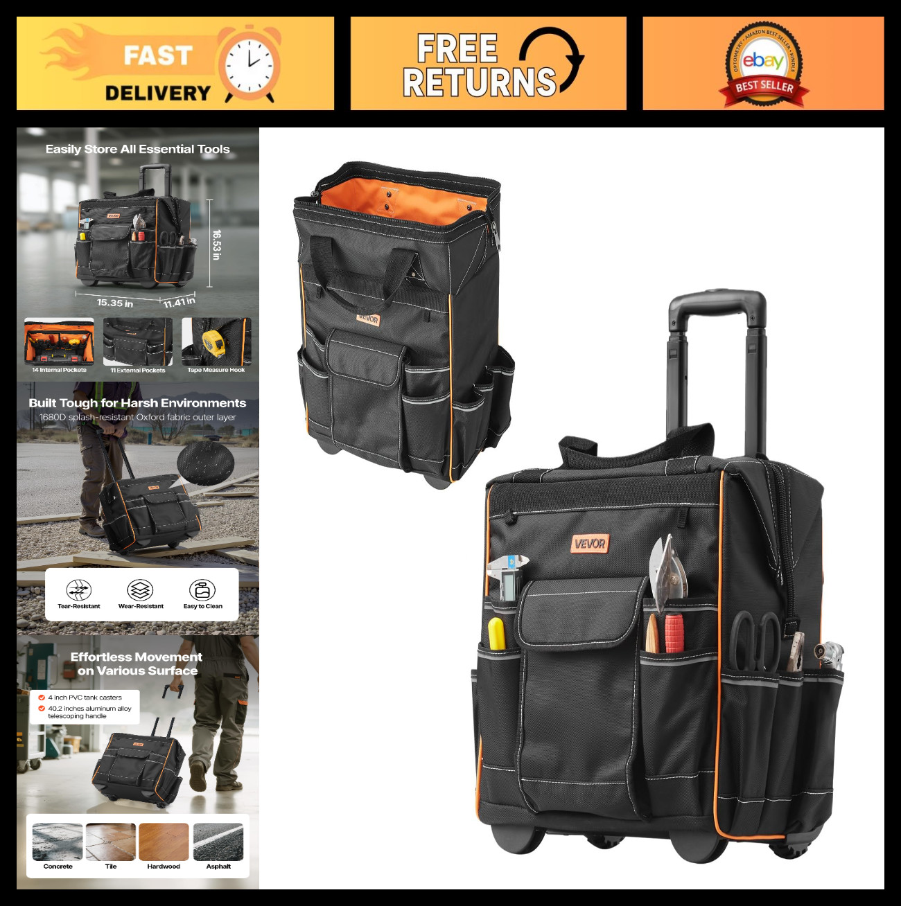Heavy Duty 15″ Rolling Tool Bag on Wheels, 110 lbs Capacity, 25 Pockets, Adjusta