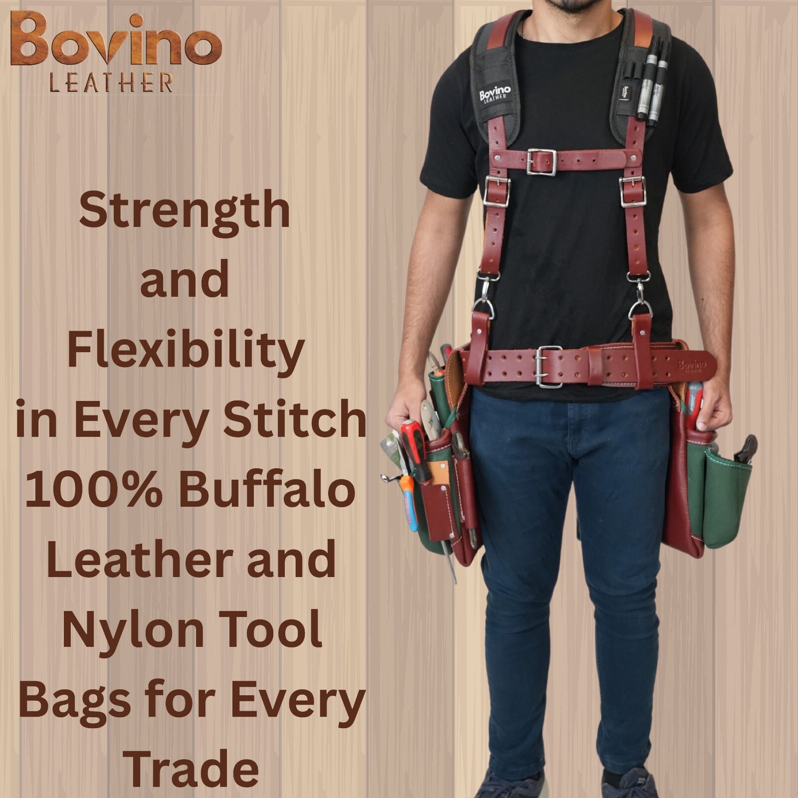 Bovino Leather Nylon Tool Belt , 21 Pockets Framer Belt, Durable Tool Pouches