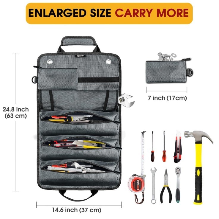 Heavy Duty Tool Roll Up Bag 6-in-1 Detachable Tool Organizer w/ Pouches – Grey