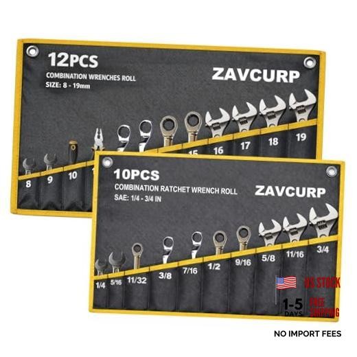 2PCS Wrench Roll Organizer Wrench Roll Up 10 Pockets Sae+12 Pockets Metric