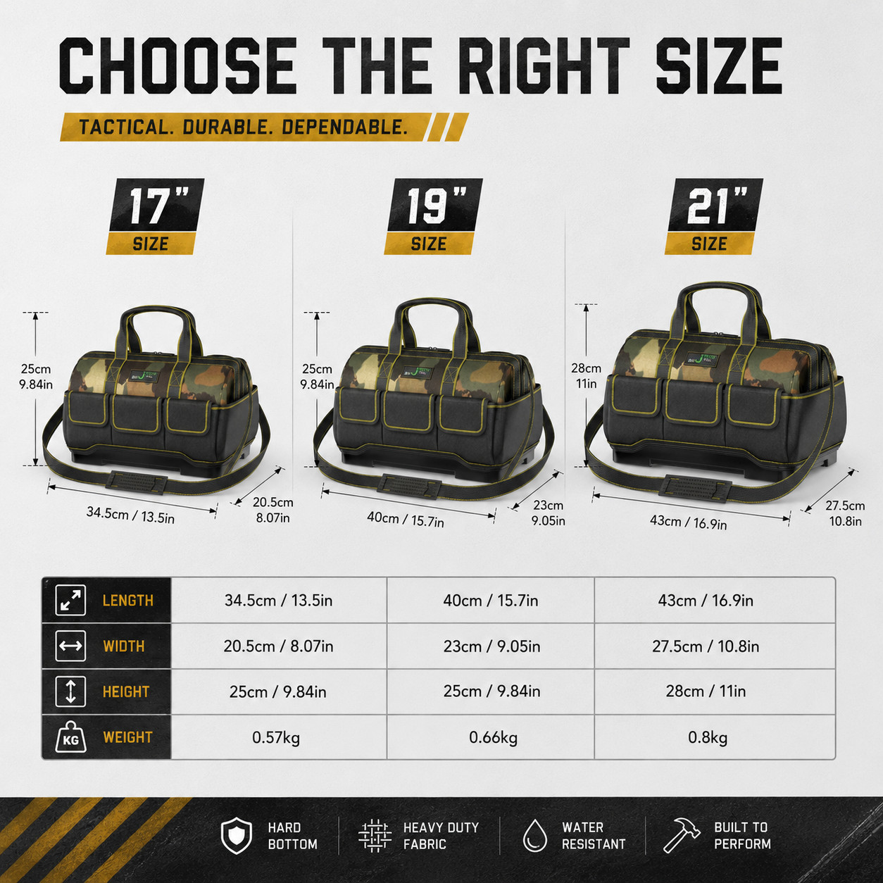 Heavy Duty Waterproof Tool Bag Hard Bottom Camo Organizer 17″ 19″ 21″