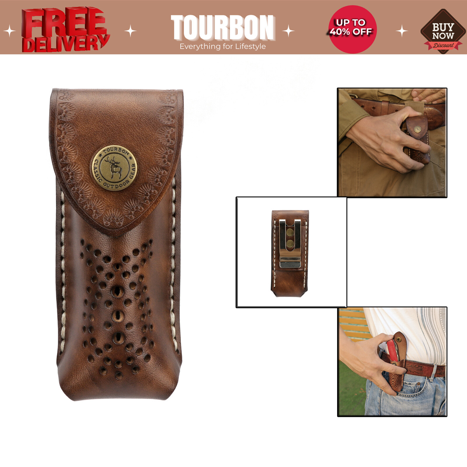 Tourbon Leather Knife Sheath Blade Cover Pocket Knives Case Belt Clip EDC Pouch