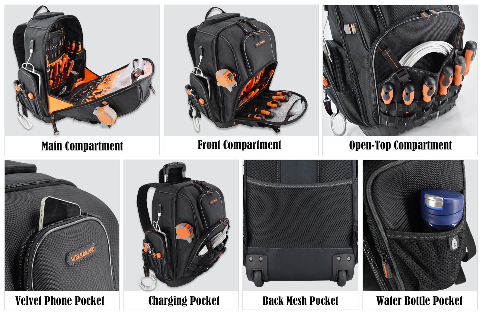 72pockets Rolling Tool Backpack Large Tool Bag With Wheels Rolling Electrician B