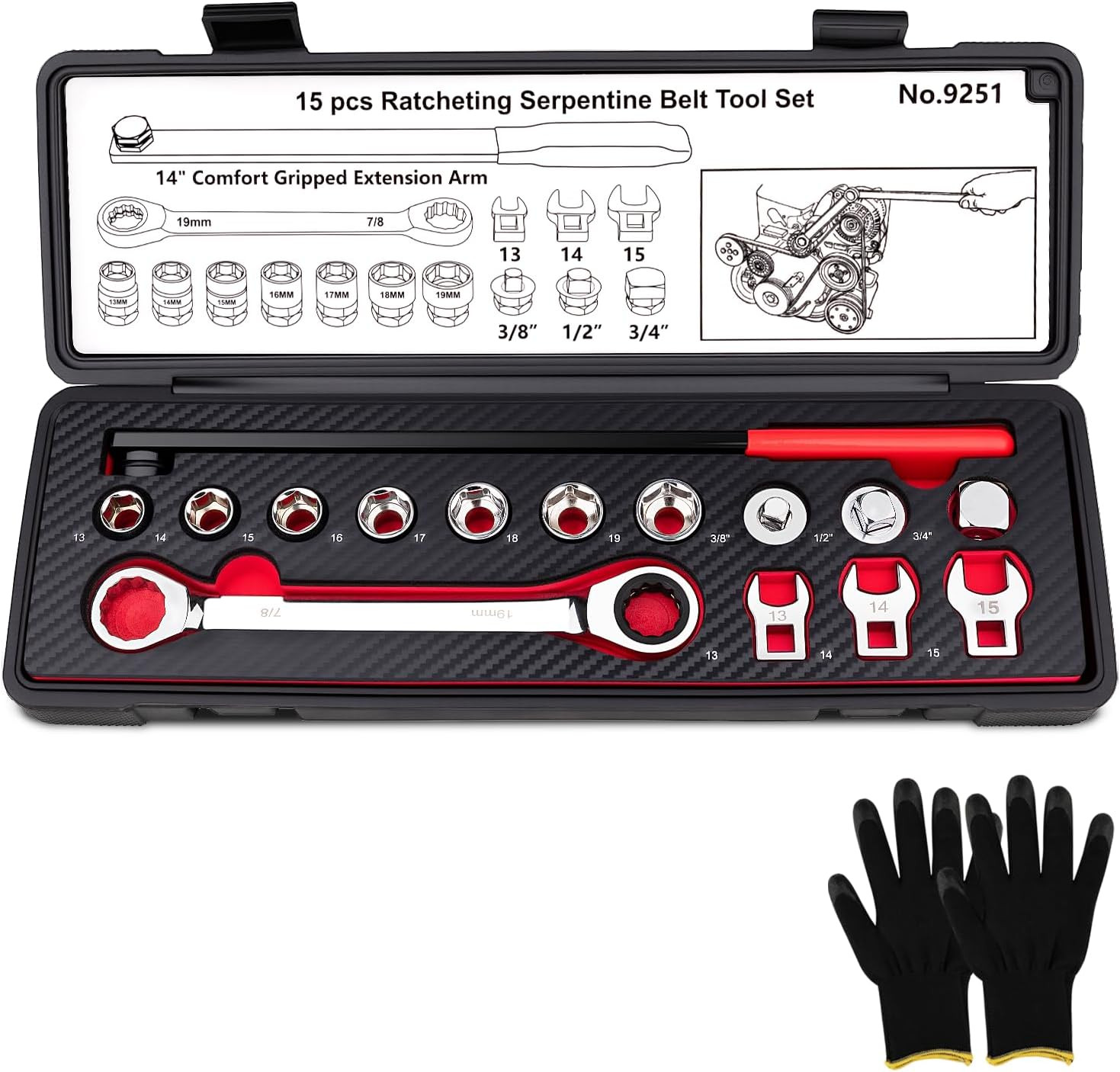 Heavy Duty 15PCS Serpentine Belt Tool Kit–Heavy Duty Ratcheting Tensioner Wrench