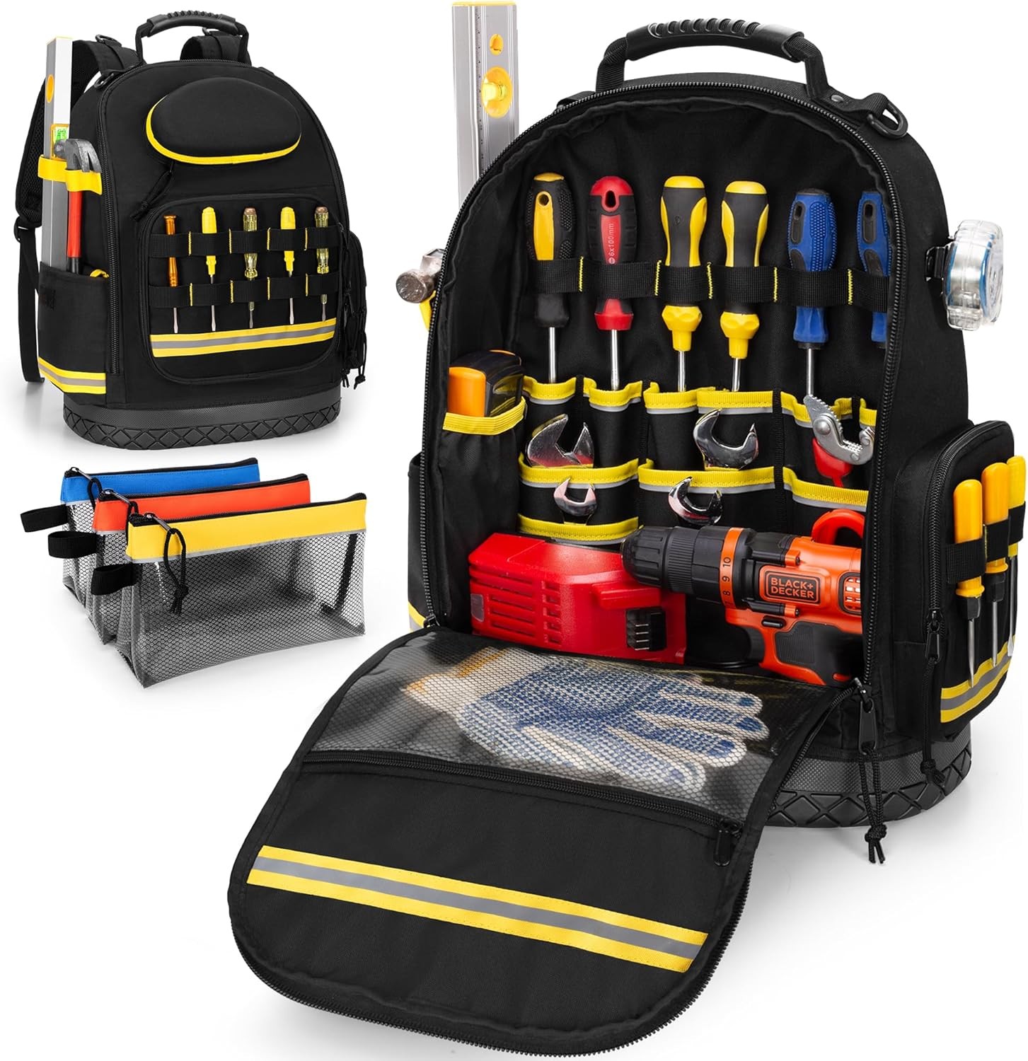 Tool Backpack with Hard Bottom and 3 Pouches, Heavy Duty Tool Organizer