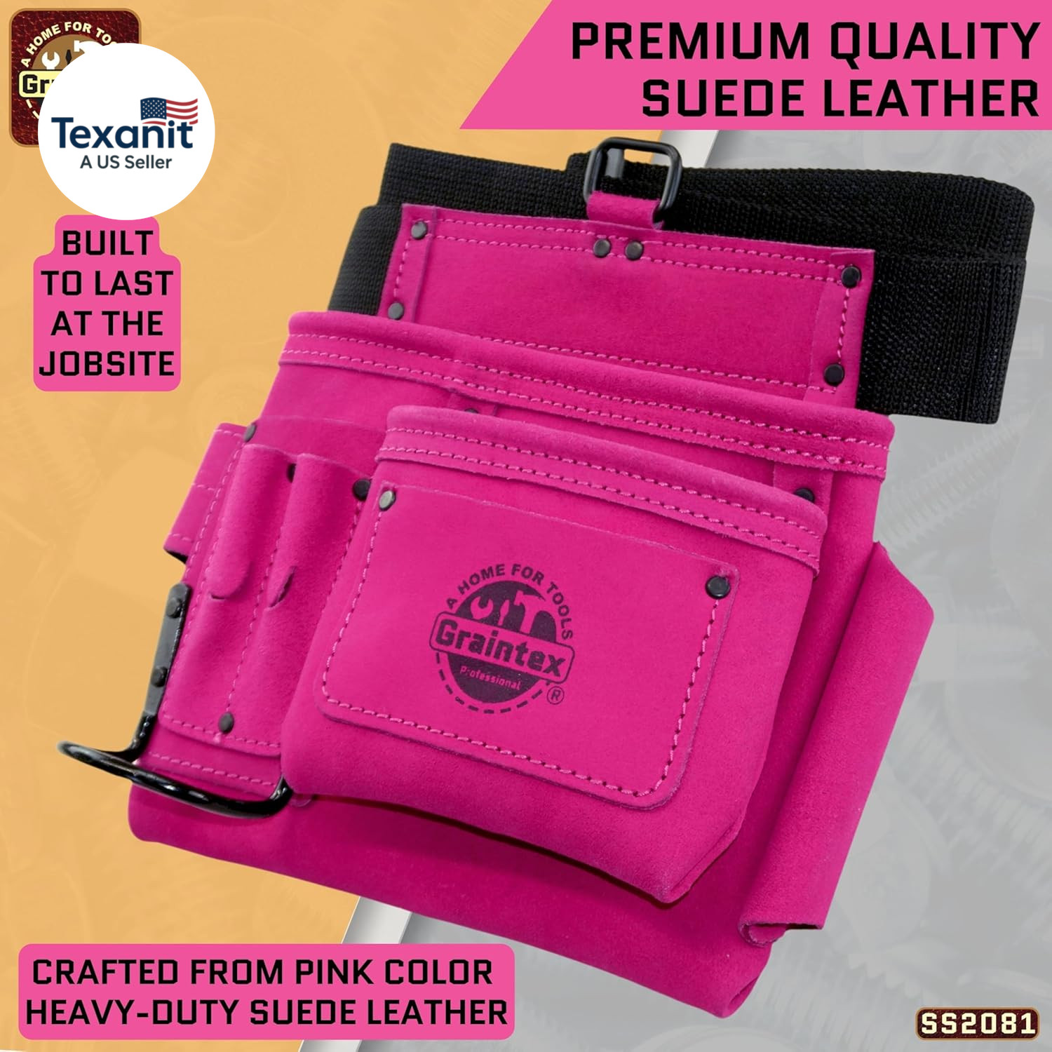 5 Pocket Suede Leather Tool Belt/Bag | Pink | Multipurpose Leather Tool Belt for