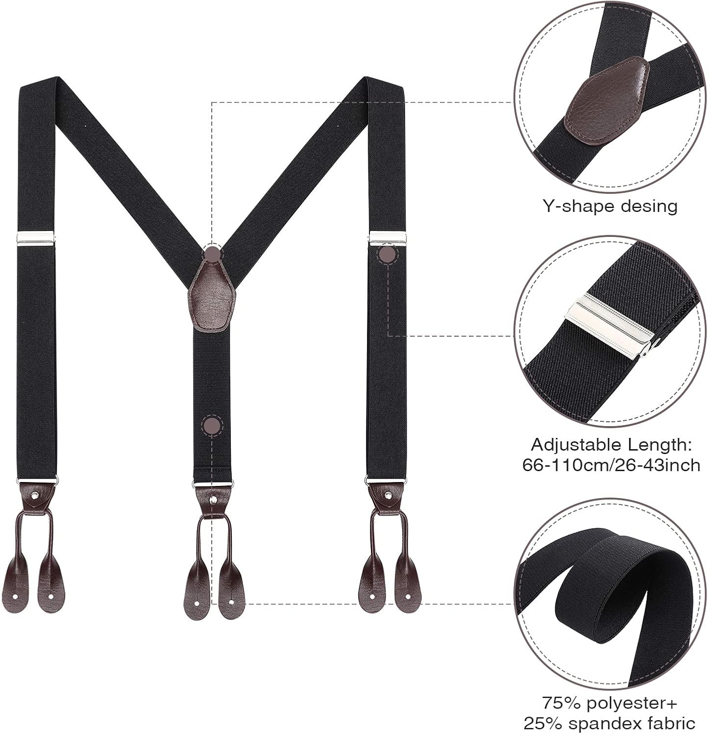 AWAYTR Mens Brown Button End Suspenders – Adjustable Elastic Y Shape Black