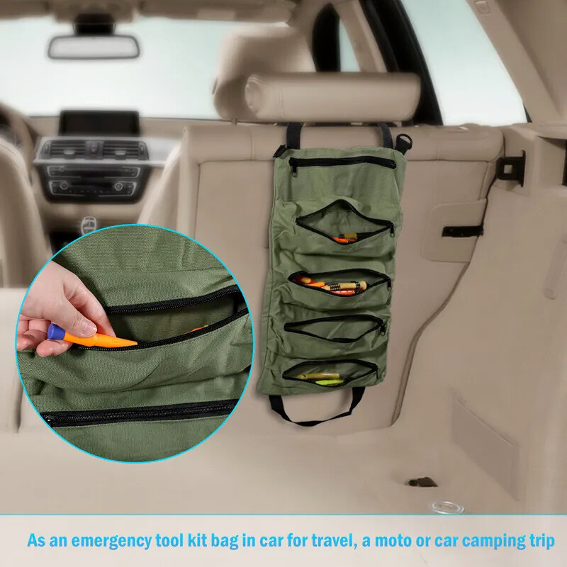 Multi-Purpose Tool Roll Up Bag Wrench Pouch Canvas Hanging Organizer w/ 5 Pocket