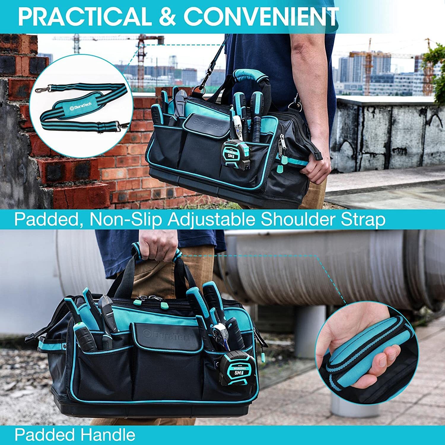 DURATECH 17″Wide Mouth Tool Bag Tool Bag Organizer WaterProof 840D Oxford Fabric