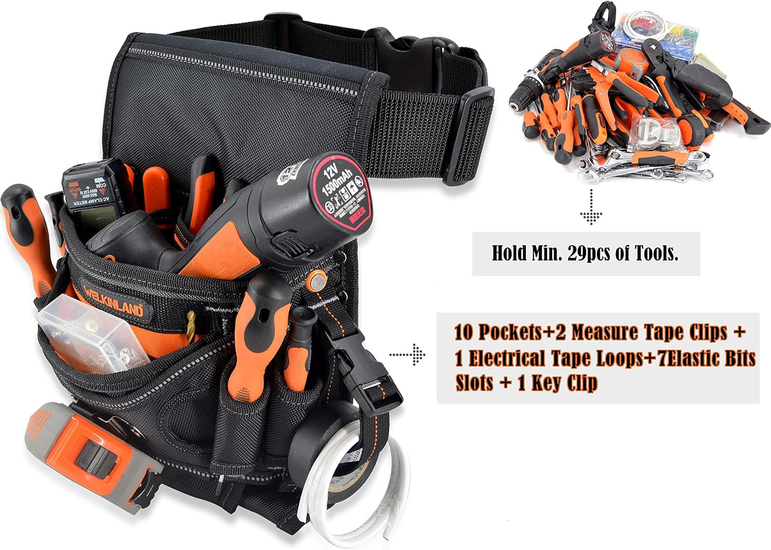 10-Pockets Electrician Tool Pouch with Belt Clip, Electricians Tool Pouches Bag,
