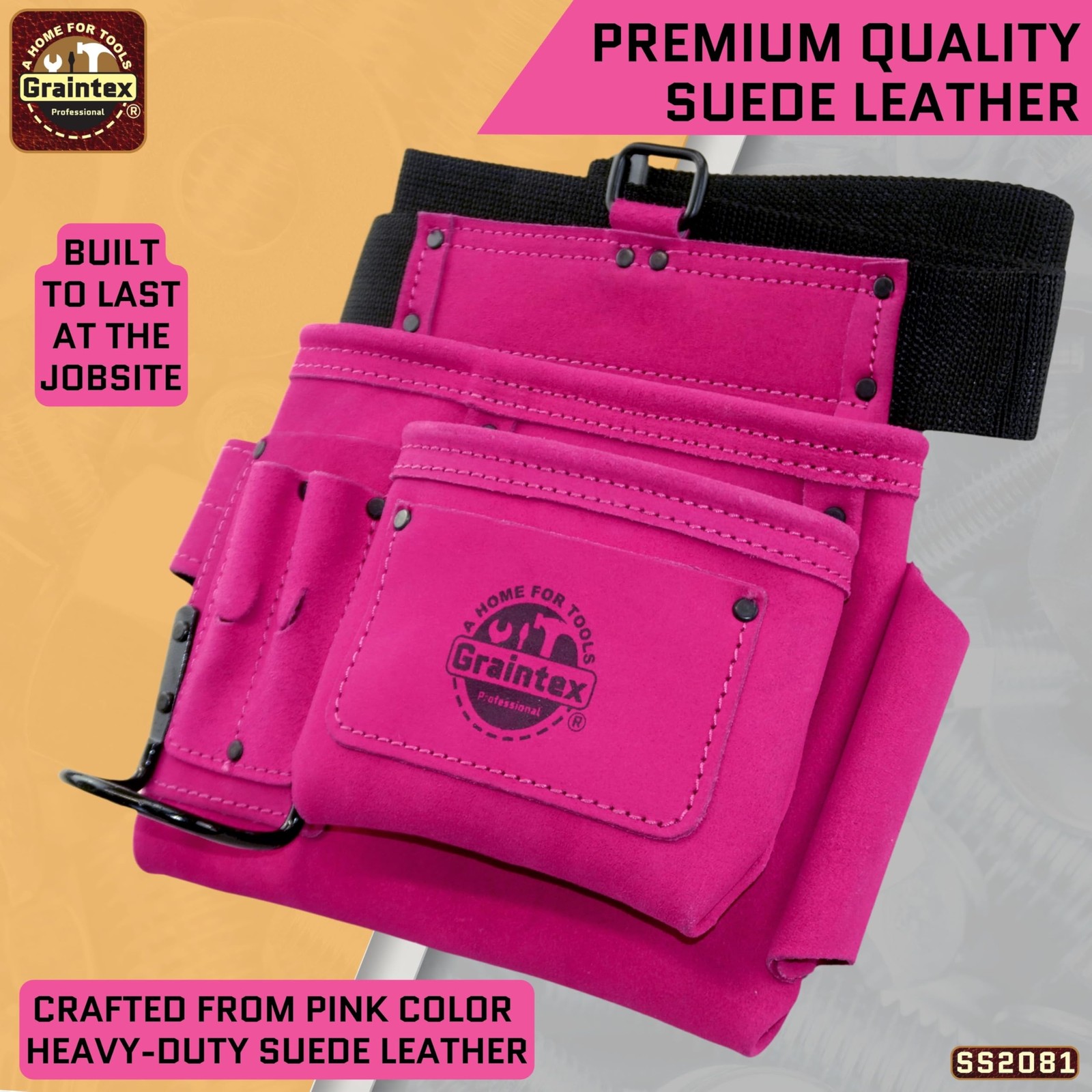 GRAINTEX SS2081 5 Pocket Nail & Tool Pouch Pink Color Suede Leather with 2” Webb