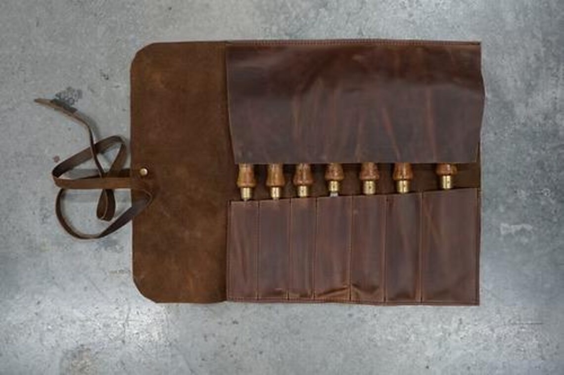 Brown Leather Tool Roll with Antique Worn look Finish 7 Tool Pockets