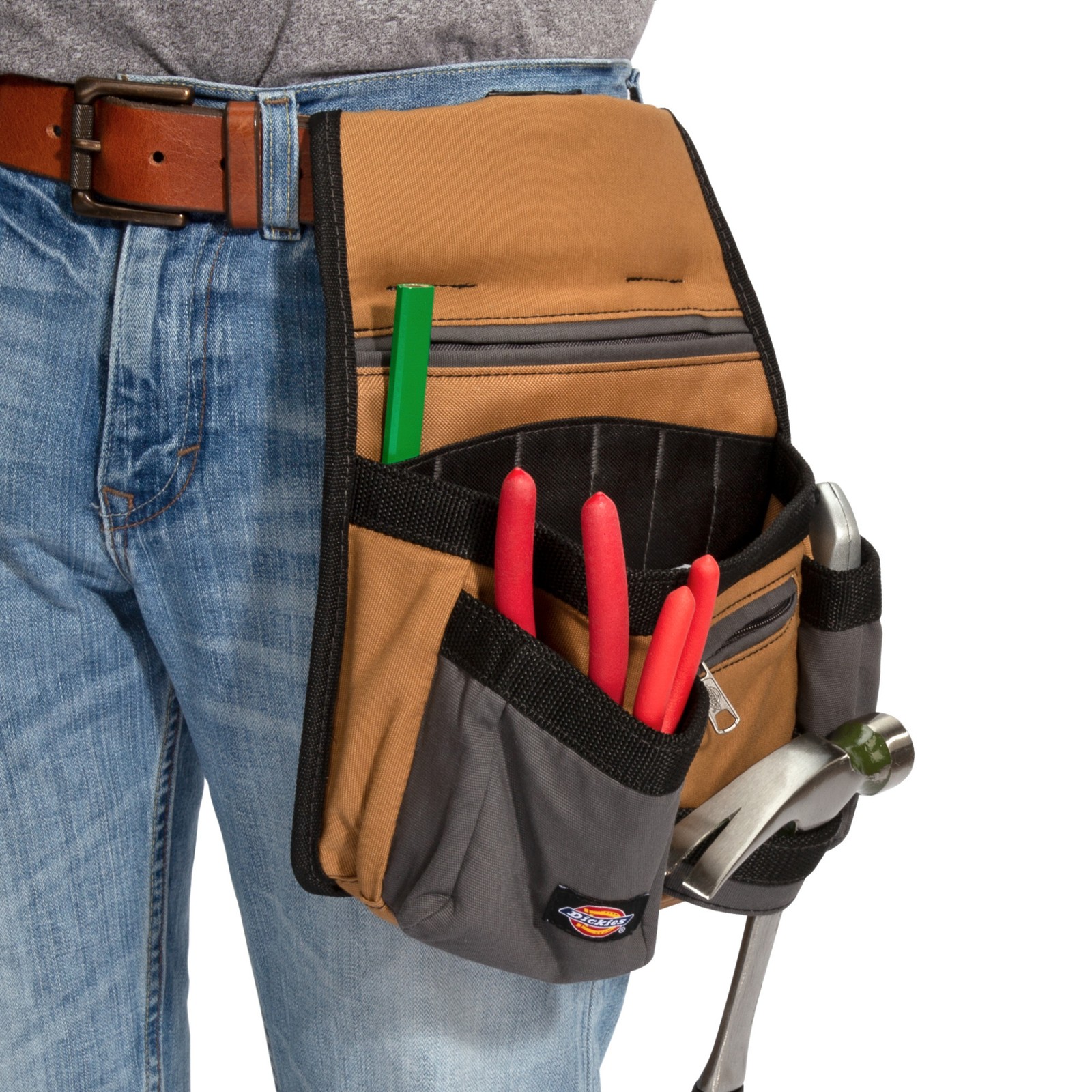 Tool Belt Pouch 11 Pocket Webbing Reinforced Gray Tan Dickies 57019