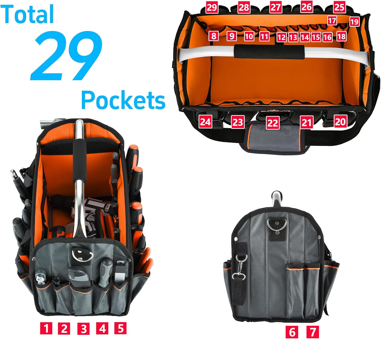 16 Inch Open Top Tool Bag, Thick 1680D Fabric, Foldable 29 Pockets Tool Tote Bag