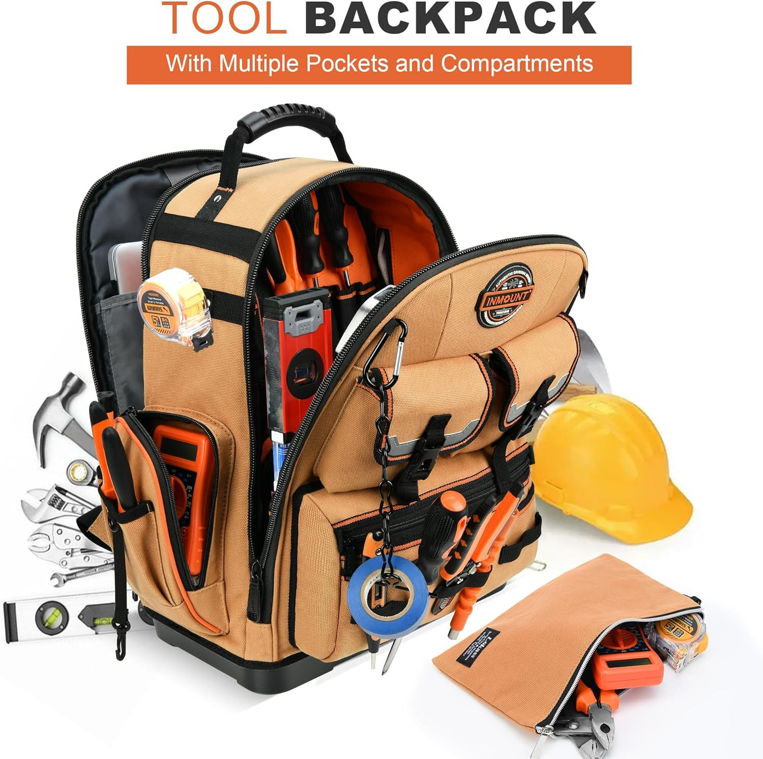 Heavy Duty Tool Backpack with 2 Bags, Laptop Compartment & Lock, Water-Resistant