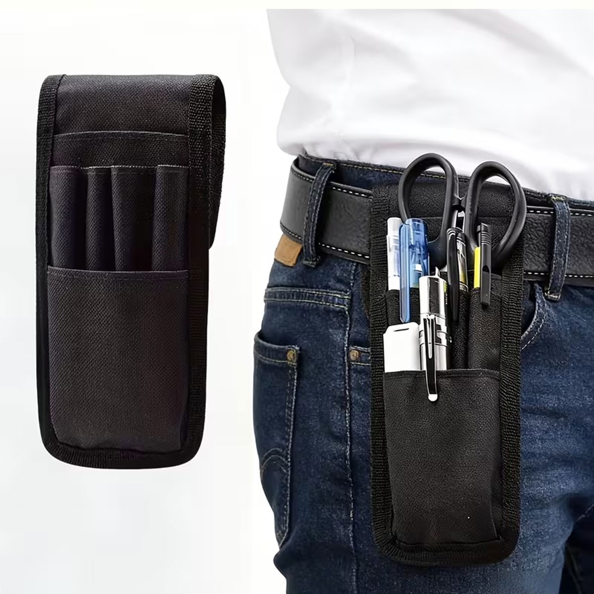 2pcs Belt Tool Pouch With Multi-Pockets Tool Pouches Heavy-Duty Pen Holder Black
