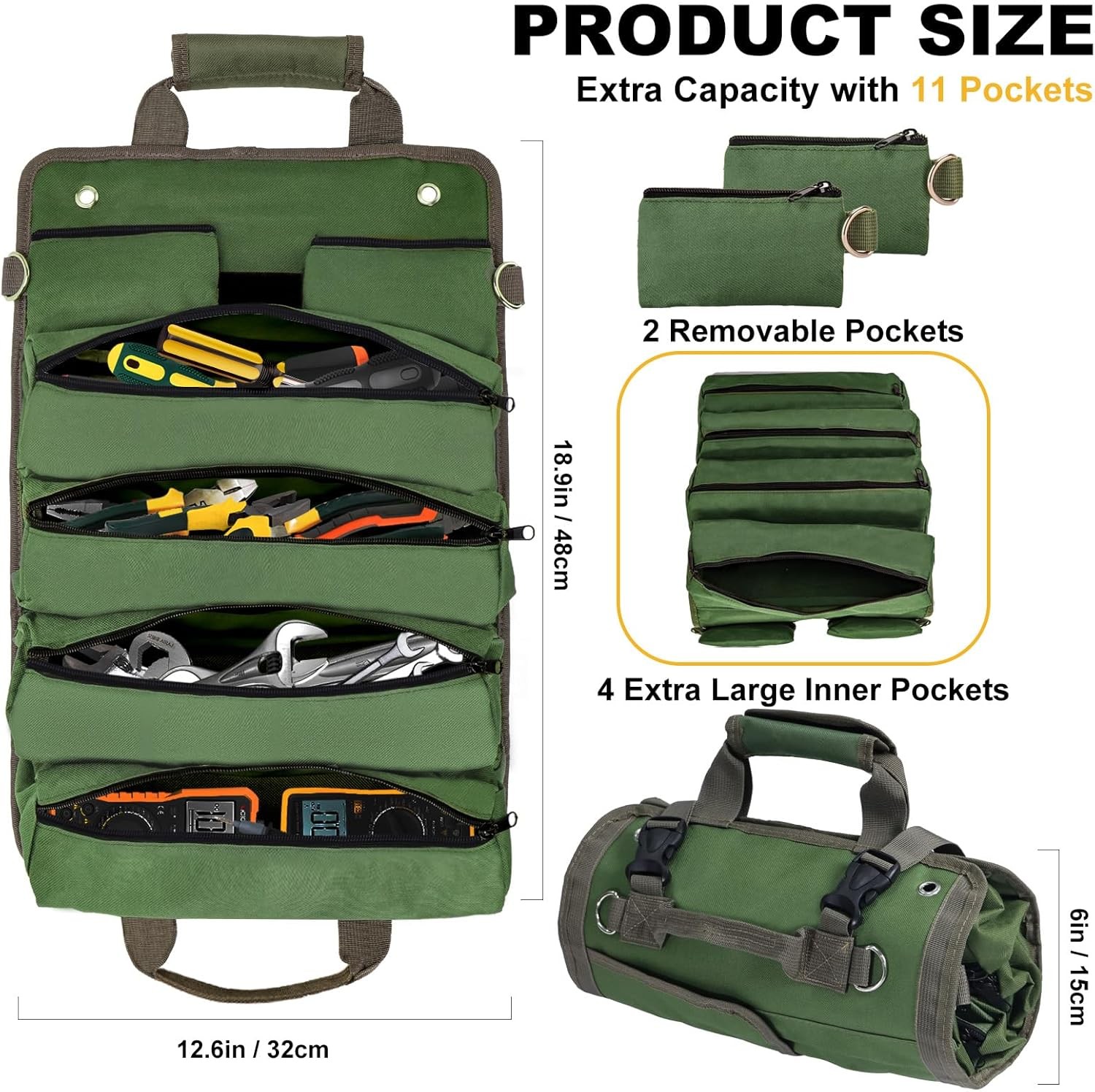 Roll Up Tool Bag Heavy Duty Tool Roll Up Bag 4 Pockets w/Detachable Tool Pouches