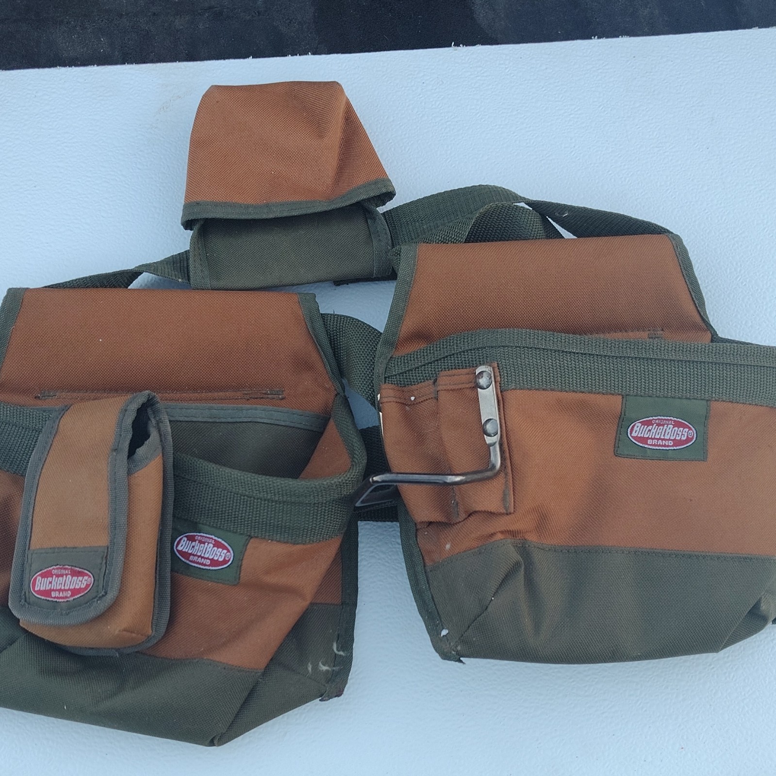 Bucket Boss Original Adjustable Fabric Tool Pouch Set Hammer Loop Brown/Green 2