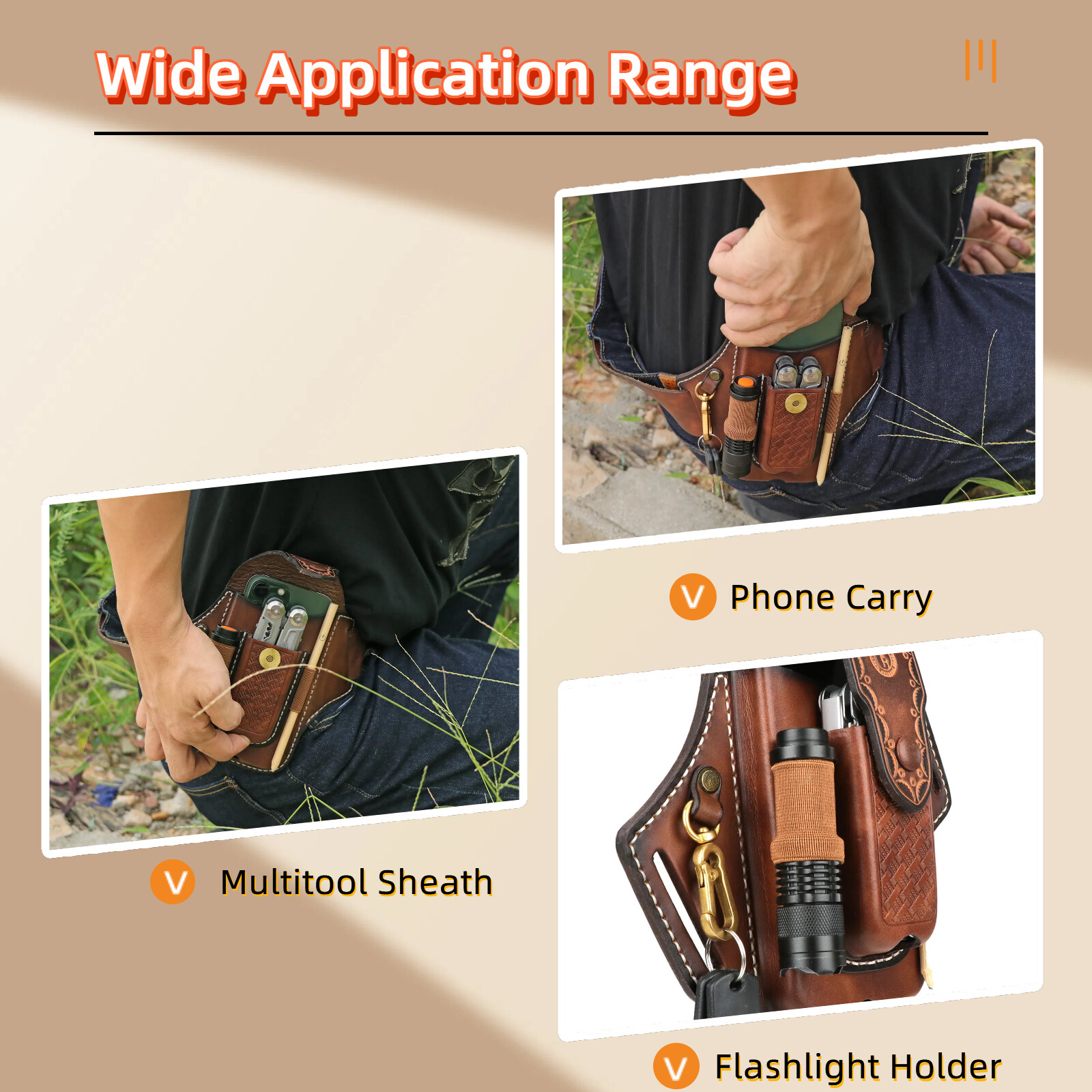 Tourbon Leather EDC Multitool Carrying Sheath Belt Holster Pen Pouch Phone Case