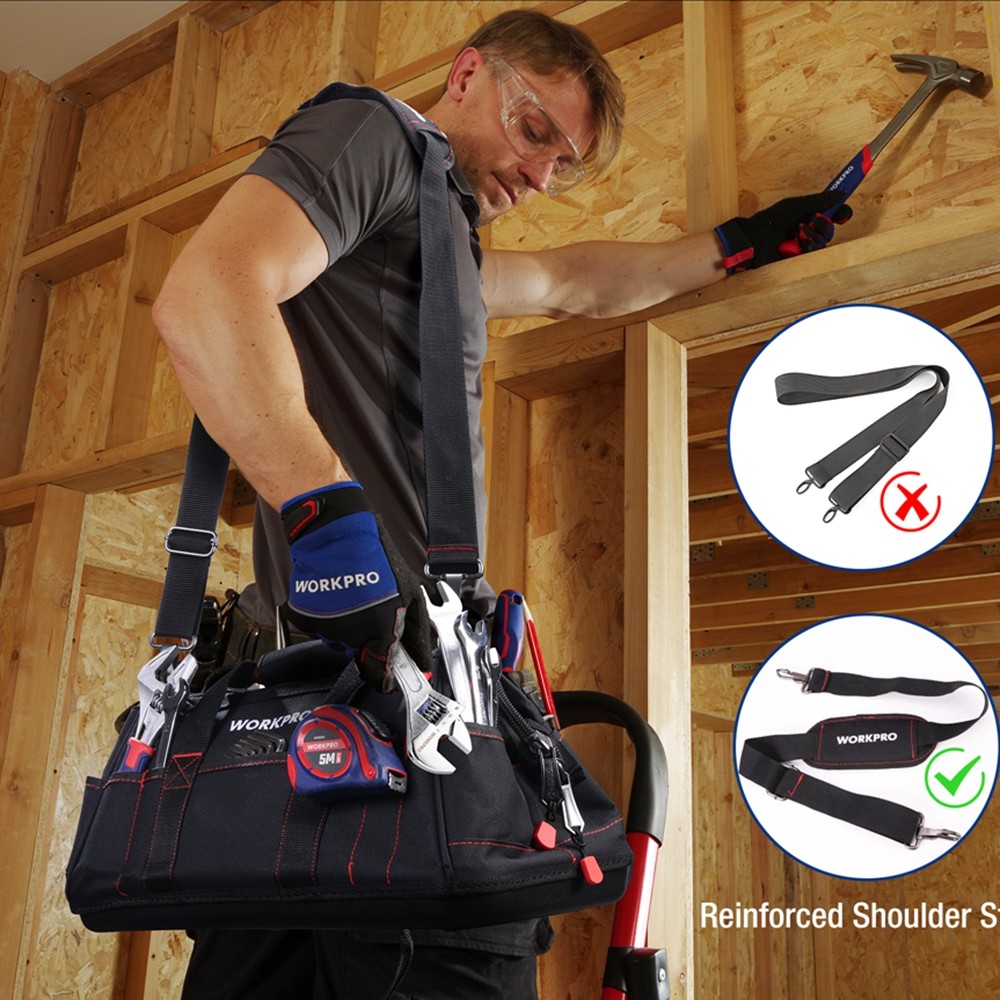 WORKPRO 16″ Close Top Wide Mouth Tool Storage Bag Tote w/Water Proof Rubber Base
