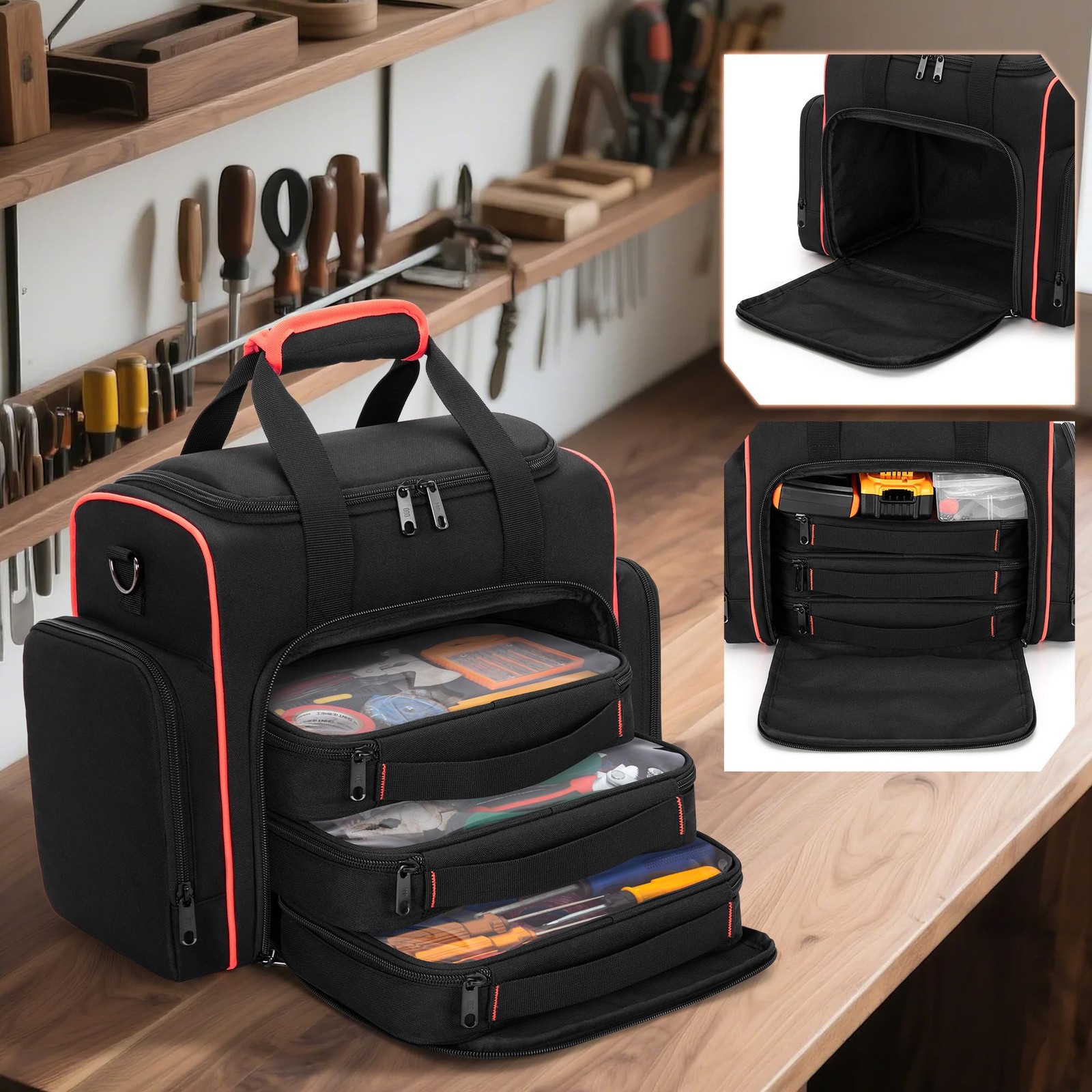 Marscamd Tool Bag with 3 11.5 x 6.5 x 11 inches, Black Red Binding