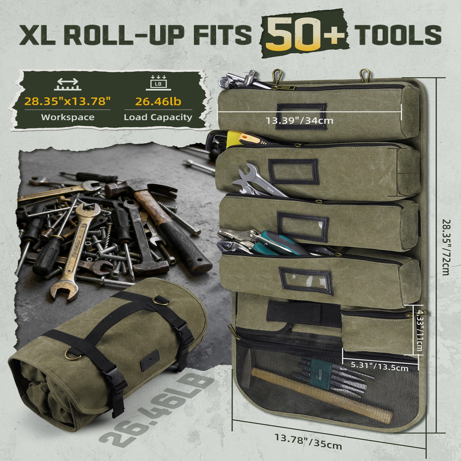 Heavy Duty Canvas Roll Up Tool Bag Organizer w/Detachable Tool Pouches Hangable