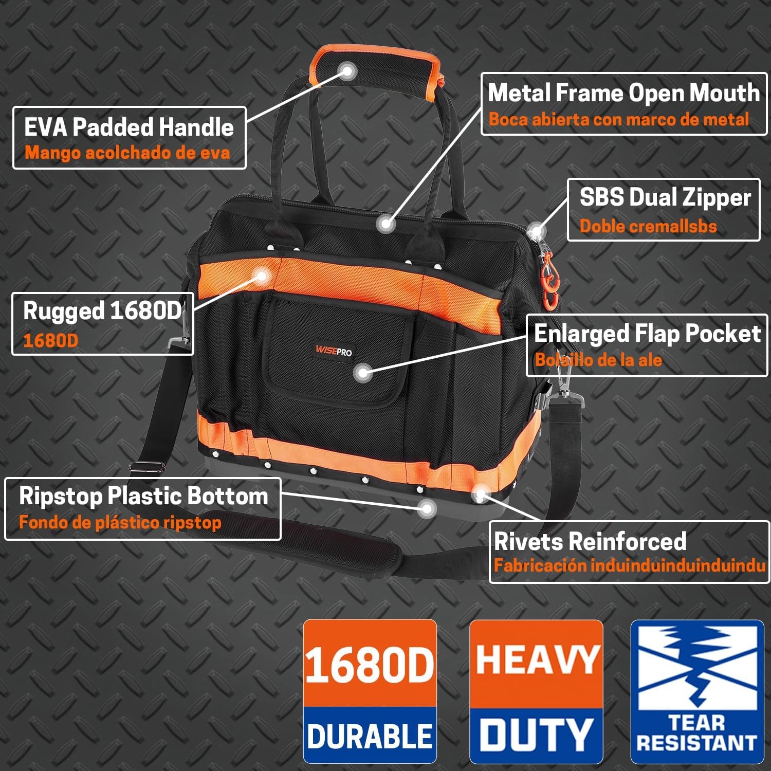 16 inch Heavy Duty Wide Mouth Tool Bag for Plumbers, Waterproof, Multi-Pockets