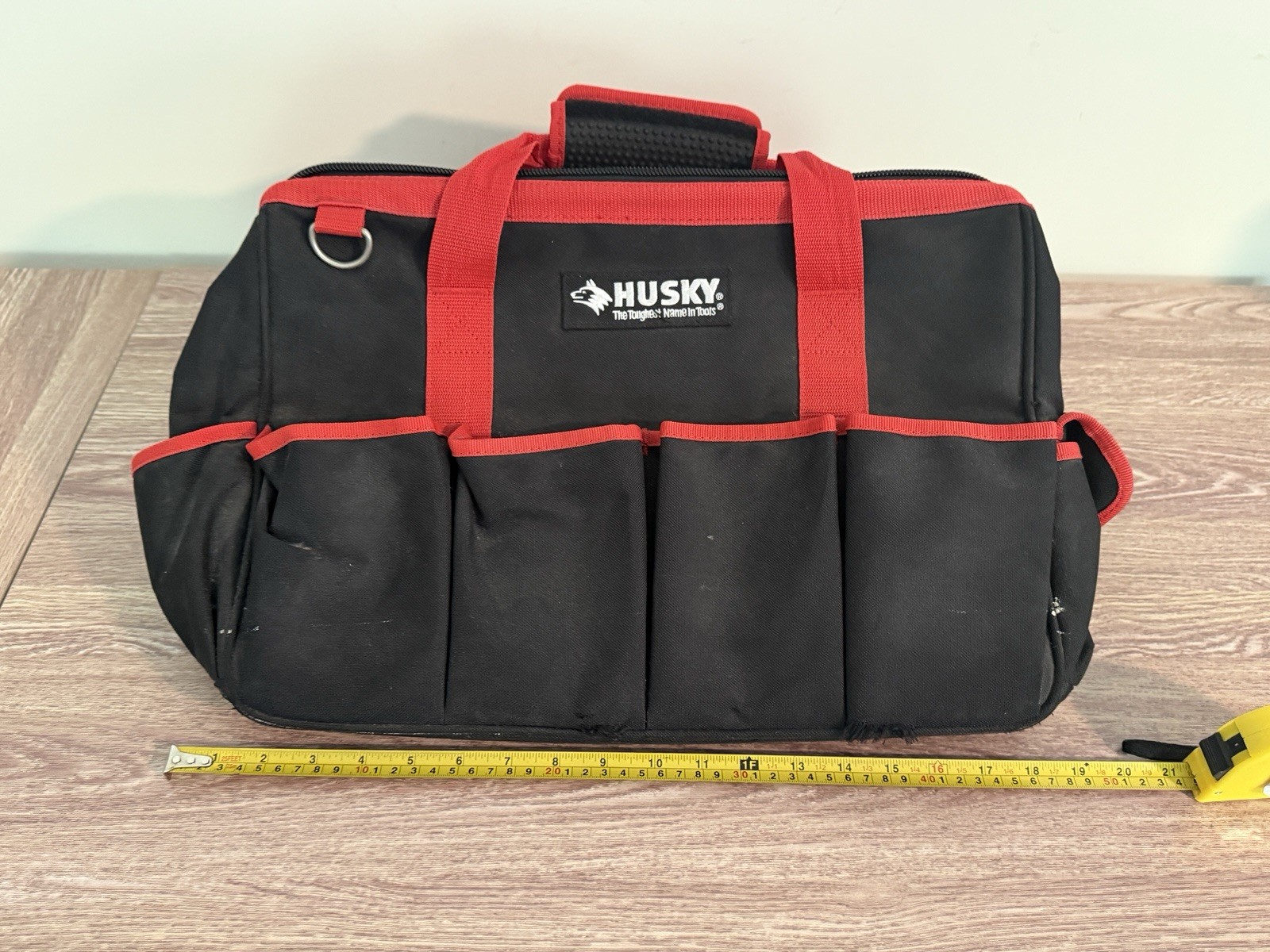 Husky 16 in. Large Mouth Tool Bag with Tool Wall Black And Red – Used