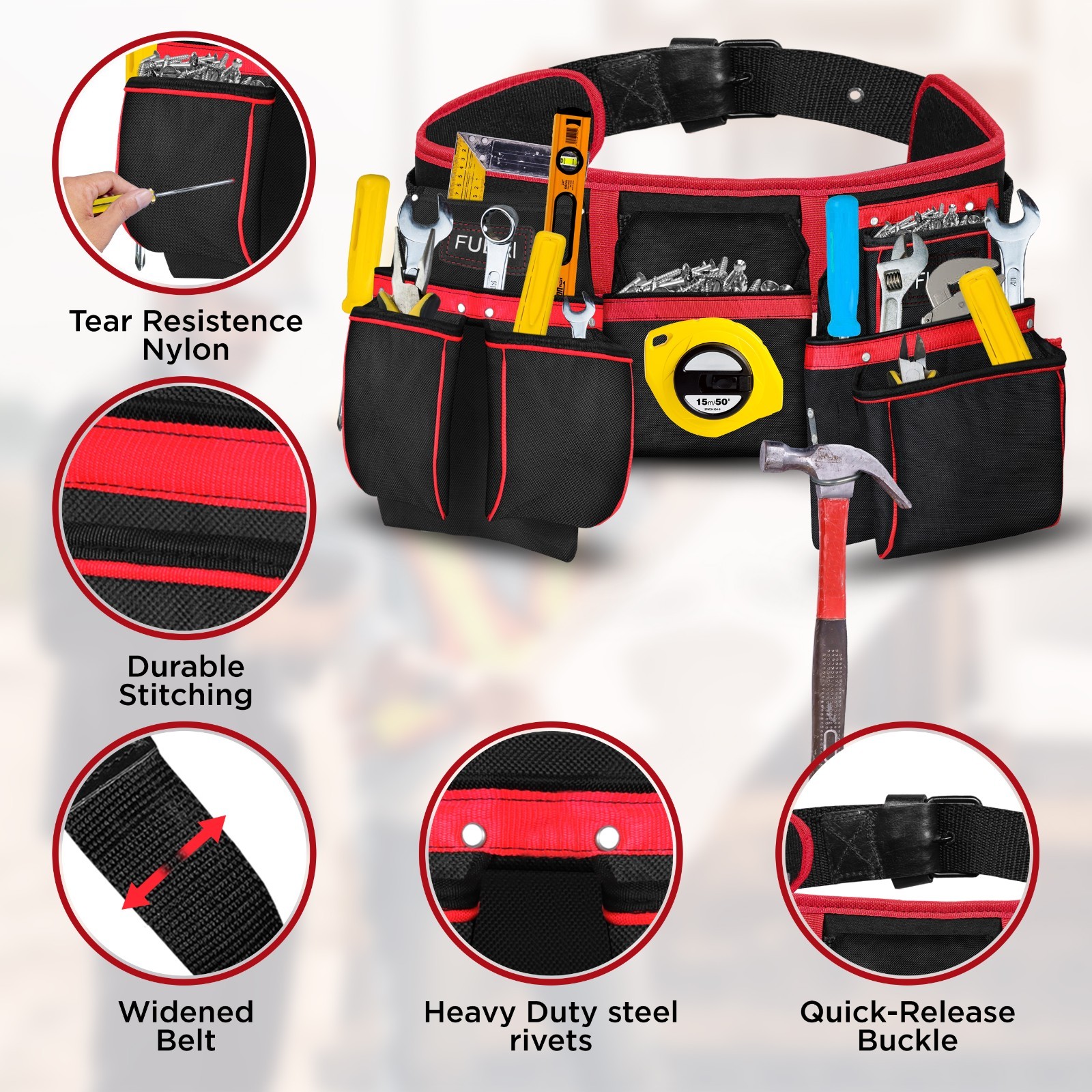 FUERI Nylon 23 Pocket Tool Belt Bags for Men, Heavy Duty Tool Pouches Set with
