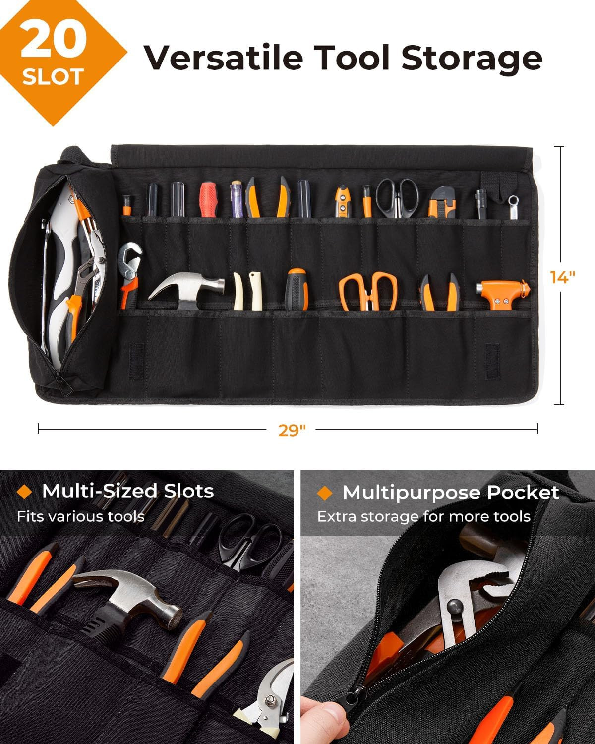 Tool Roll for Men, Heavy Duty Tool Roll Bag Organizer, Roll up Tool Pouch with 2
